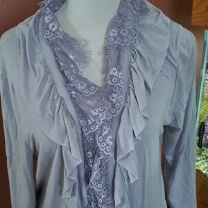NWT Ruffled Lace-Trim Cardigan in Light Gray